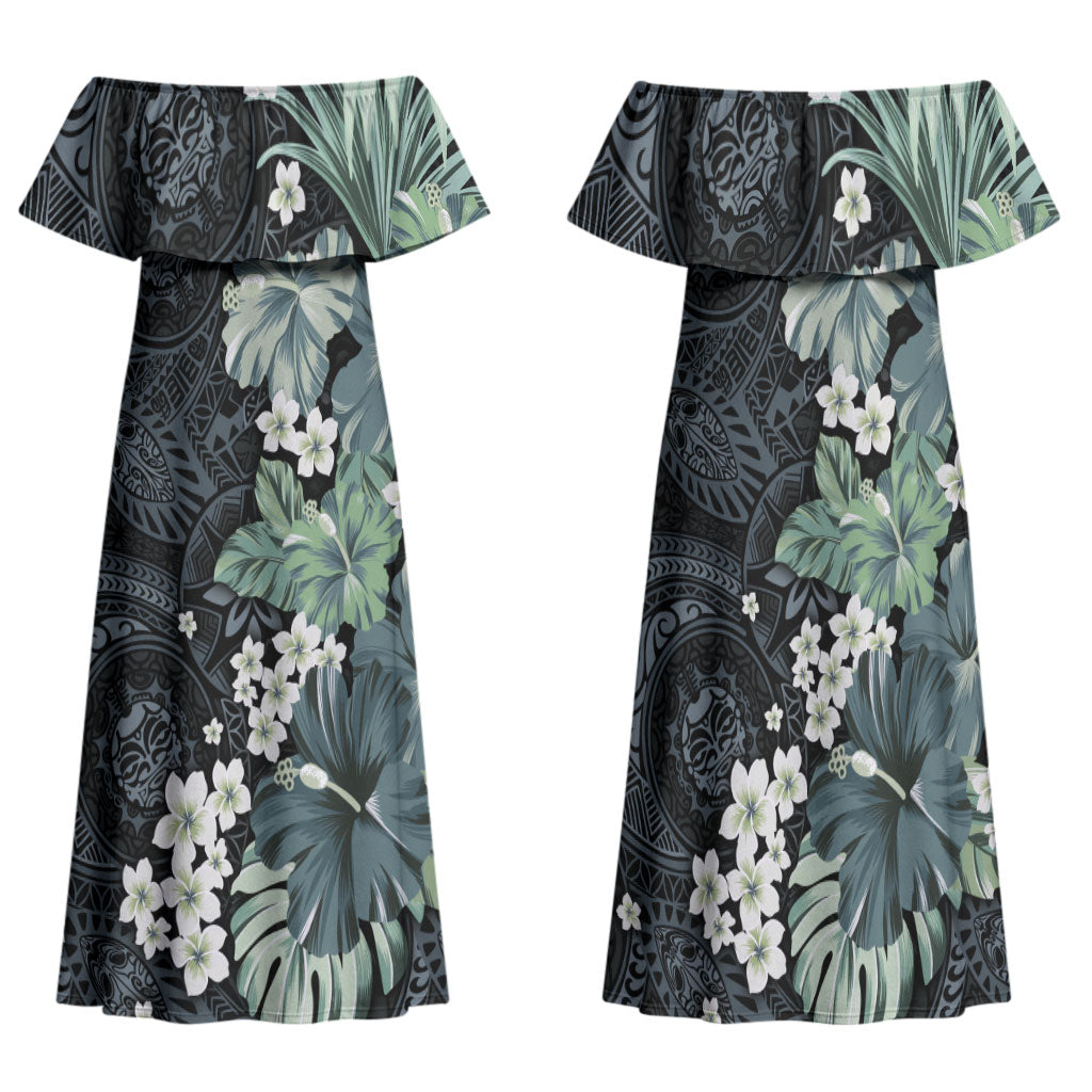 Pauliuli Hawai'i Hibiscus Family Matching Off Shoulder Maxi Dress and Hawaiian Shirt Polynesian Tribal Tattoo Pattern Floral Elements