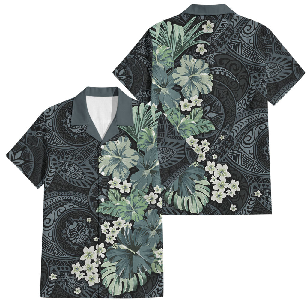 Pauliuli Hawai'i Hibiscus Family Matching Puletasi and Hawaiian Shirt Polynesian Tribal Tattoo Pattern Floral Elements