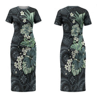 Pauliuli Hawai'i Hibiscus Family Matching Short Sleeve Bodycon Dress and Hawaiian Shirt Polynesian Tribal Tattoo Pattern Floral Elements