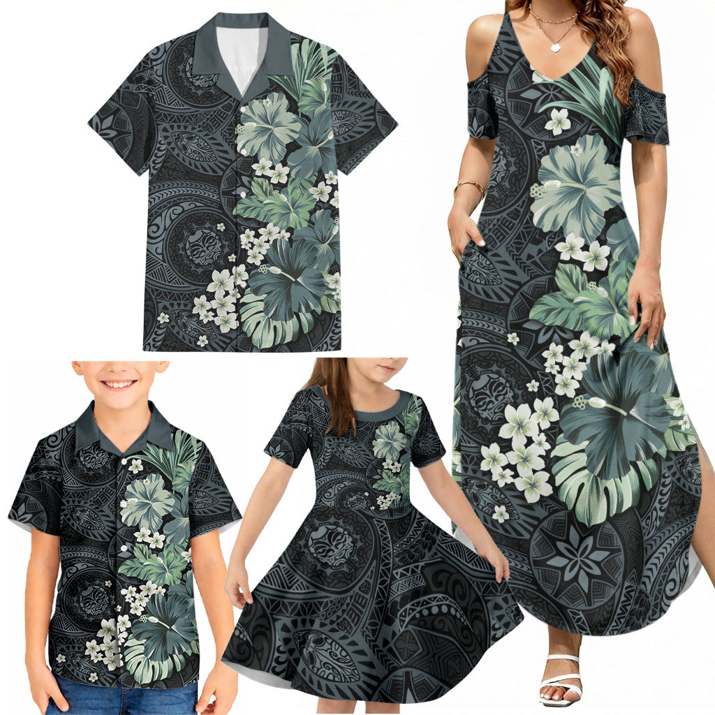 Pauliuli Hawai'i Hibiscus Family Matching Summer Maxi Dress and Hawaiian Shirt Polynesian Tribal Tattoo Pattern Floral Elements