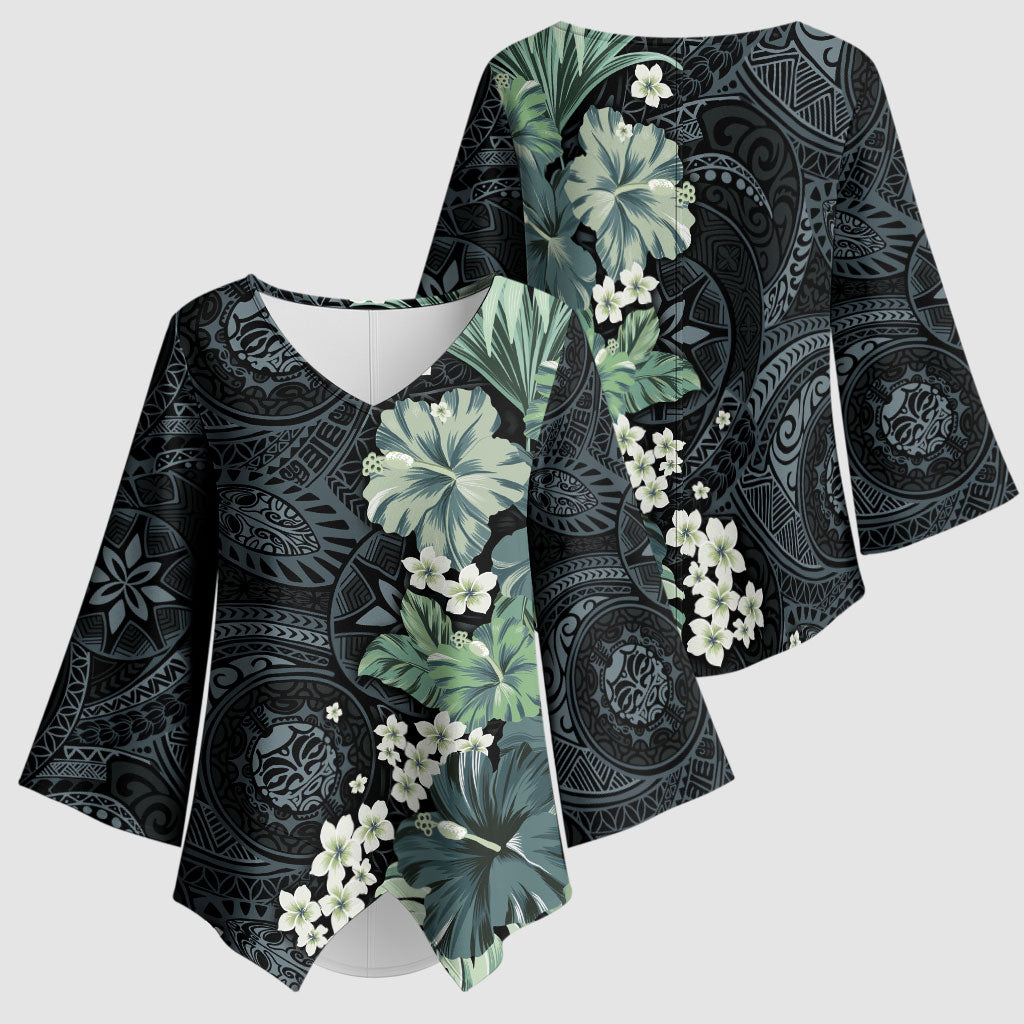 Pauliuli Hawai'i Hibiscus Kimono Sleeve Blouse Polynesian Tribal Tattoo Pattern Floral Elements
