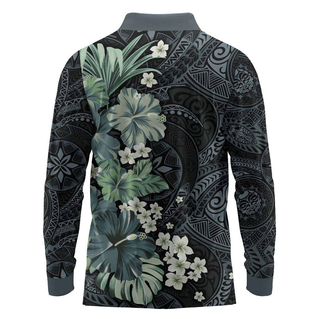 Pauliuli Hawai'i Hibiscus Long Sleeve Polo Shirt Polynesian Tribal Tattoo Pattern Floral Elements
