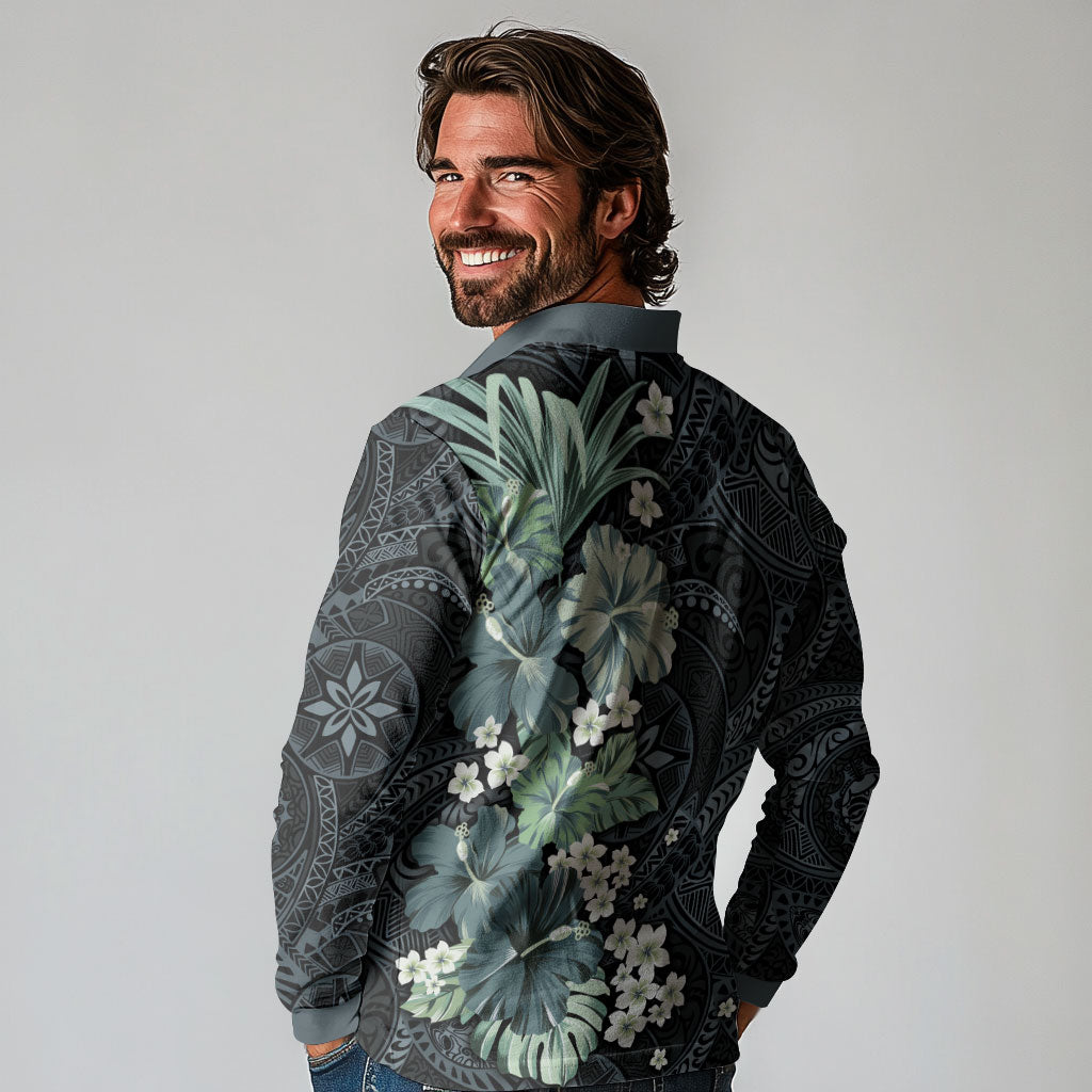 Pauliuli Hawai'i Hibiscus Long Sleeve Polo Shirt Polynesian Tribal Tattoo Pattern Floral Elements