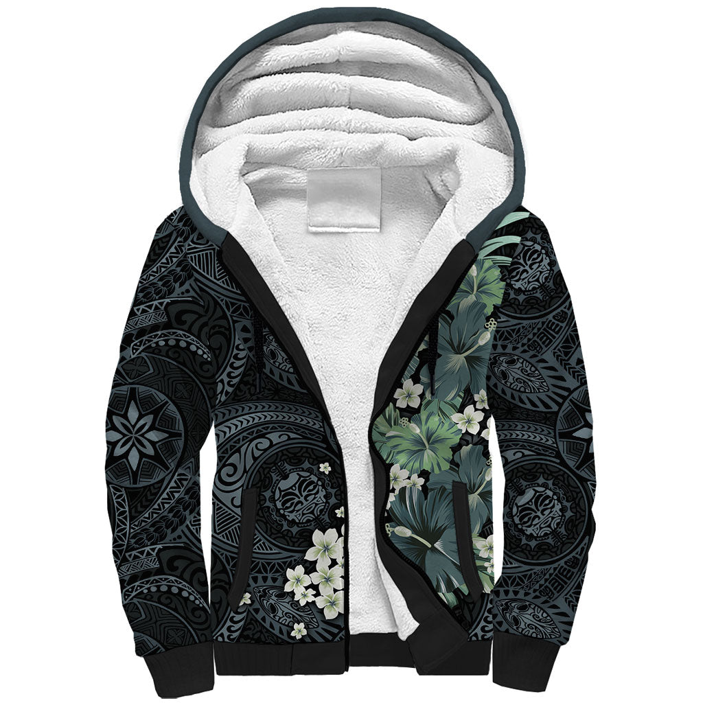 Pauliuli Hawai'i Hibiscus Sherpa Hoodie Polynesian Tribal Tattoo Pattern Floral Elements