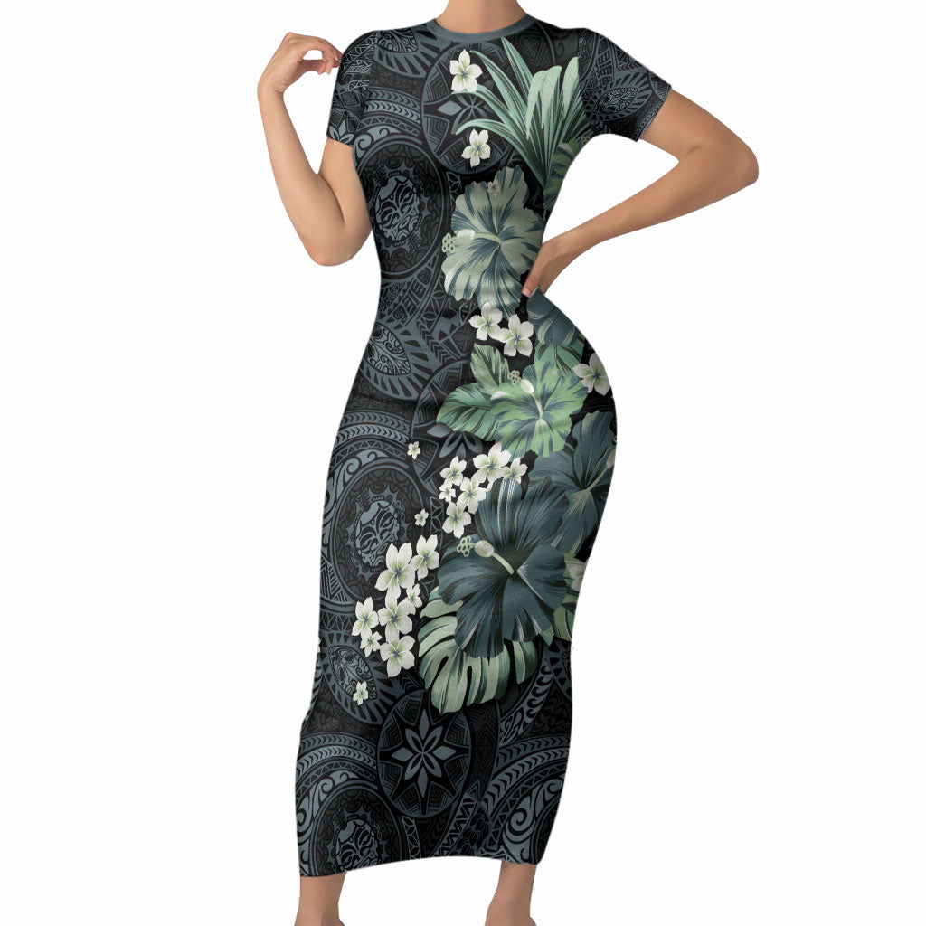 Pauliuli Hawai'i Hibiscus Short Sleeve Bodycon Dress Polynesian Tribal Tattoo Pattern Floral Elements