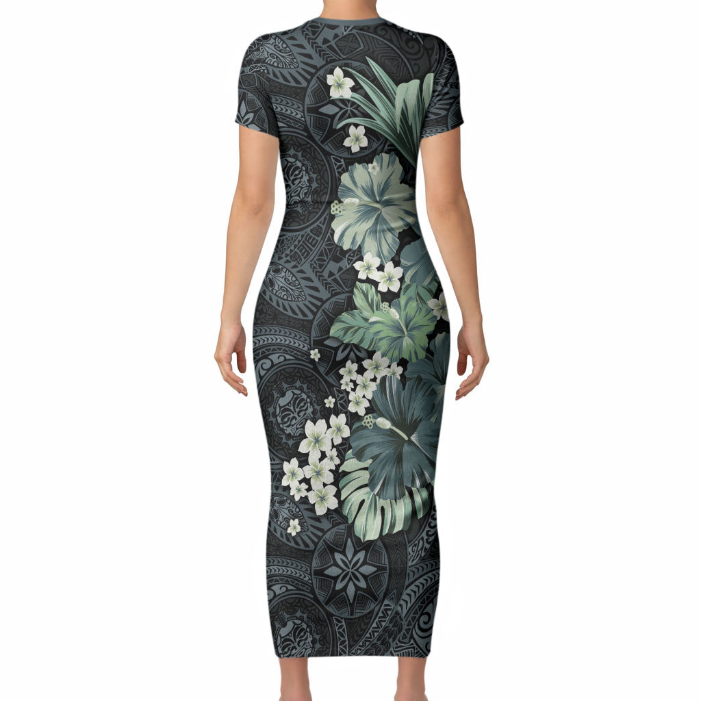 Pauliuli Hawai'i Hibiscus Short Sleeve Bodycon Dress Polynesian Tribal Tattoo Pattern Floral Elements