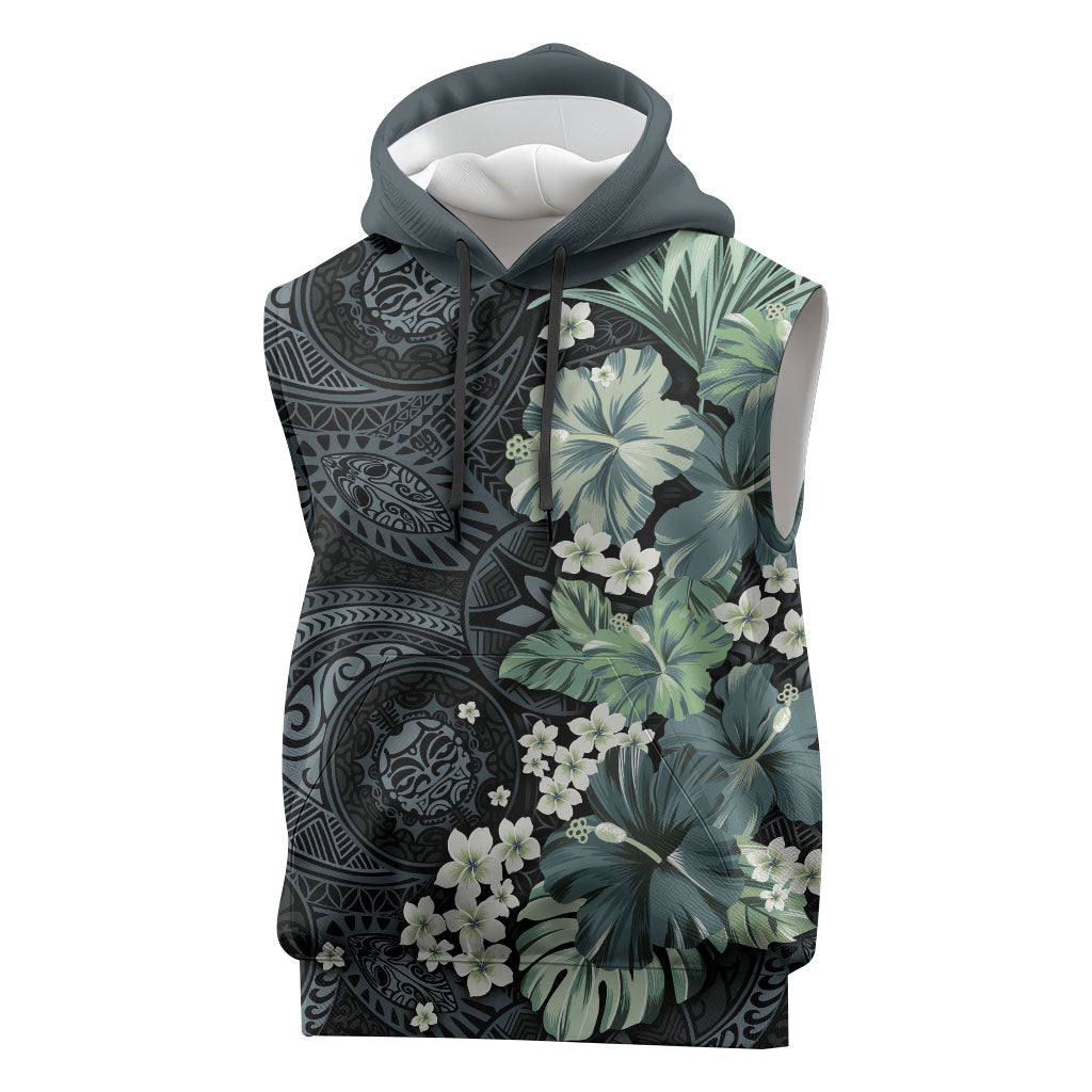 Pauliuli Hawai'i Hibiscus Sleeveless Hoodie Polynesian Tribal Tattoo Pattern Floral Elements