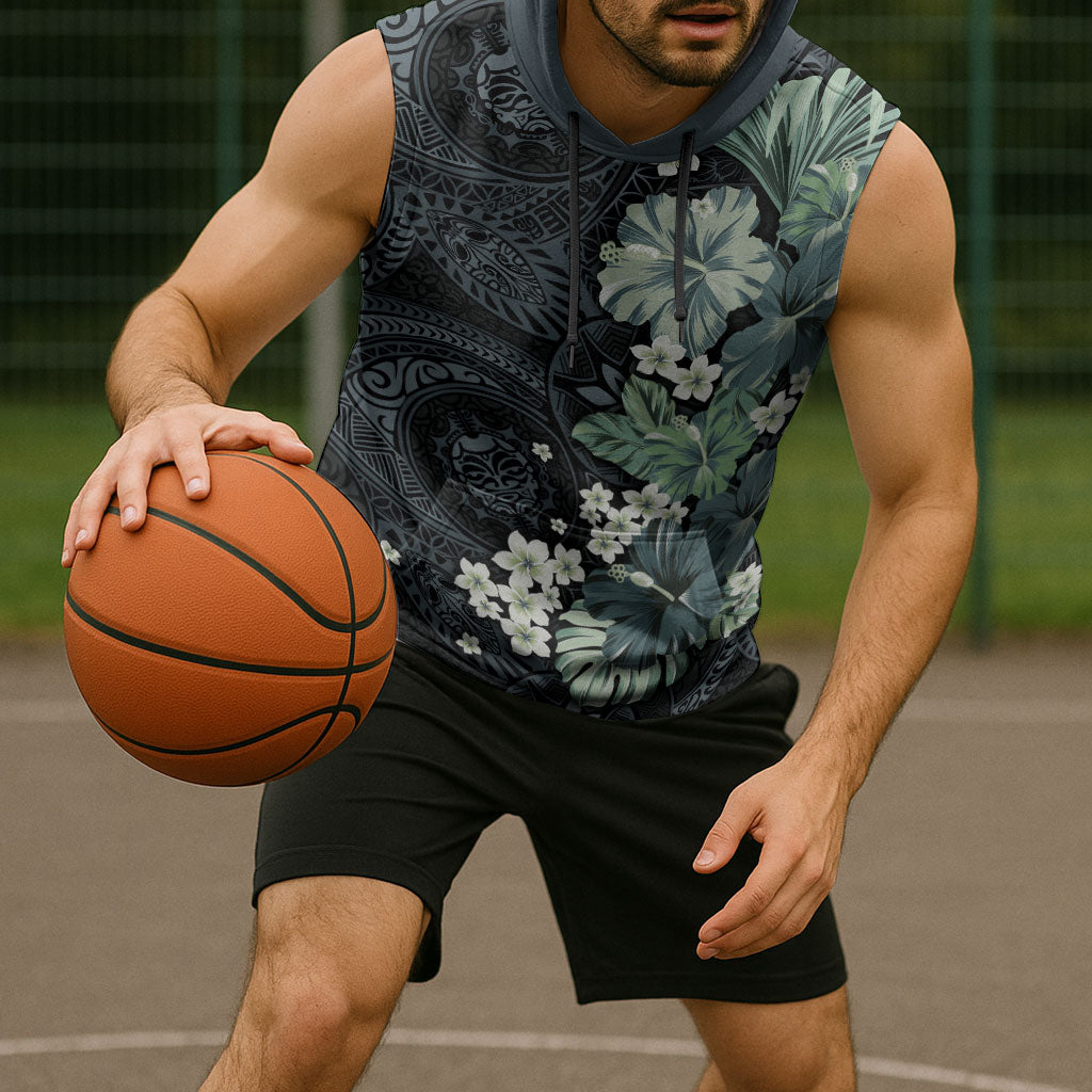 Pauliuli Hawai'i Hibiscus Sleeveless Hoodie Polynesian Tribal Tattoo Pattern Floral Elements