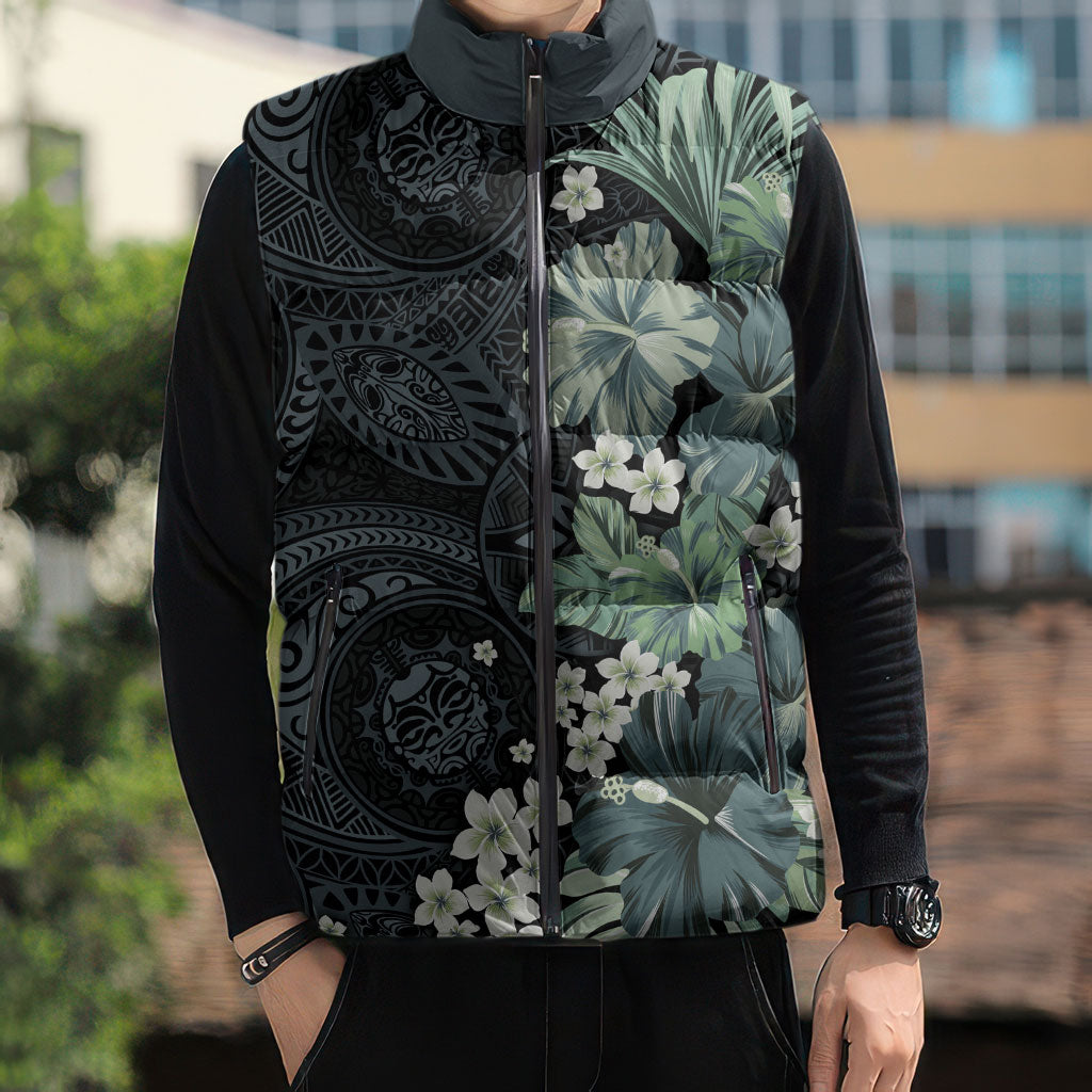 Pauliuli Hawai'i Hibiscus Sleeveless Puffer Jacket Polynesian Tribal Tattoo Pattern Floral Elements
