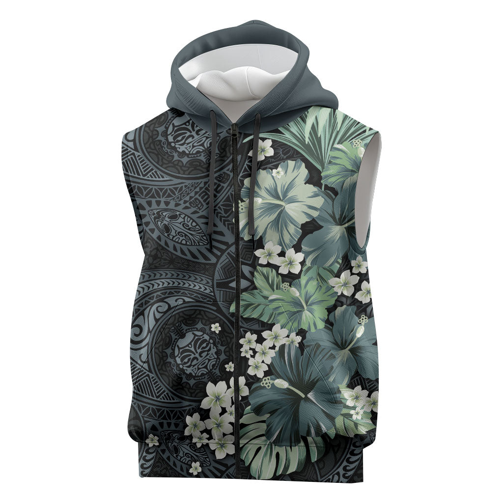 Pauliuli Hawai'i Hibiscus Sleeveless Zip Hoodie Polynesian Tribal Tattoo Pattern Floral Elements
