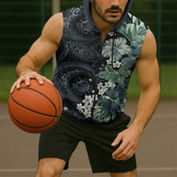 Pauliuli Hawai'i Hibiscus Sleeveless Zip Hoodie Polynesian Tribal Tattoo Pattern Floral Elements