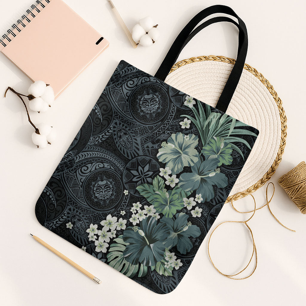 Pauliuli Hawai'i Hibiscus Tote Bag Polynesian Tribal Tattoo Pattern Floral Elements
