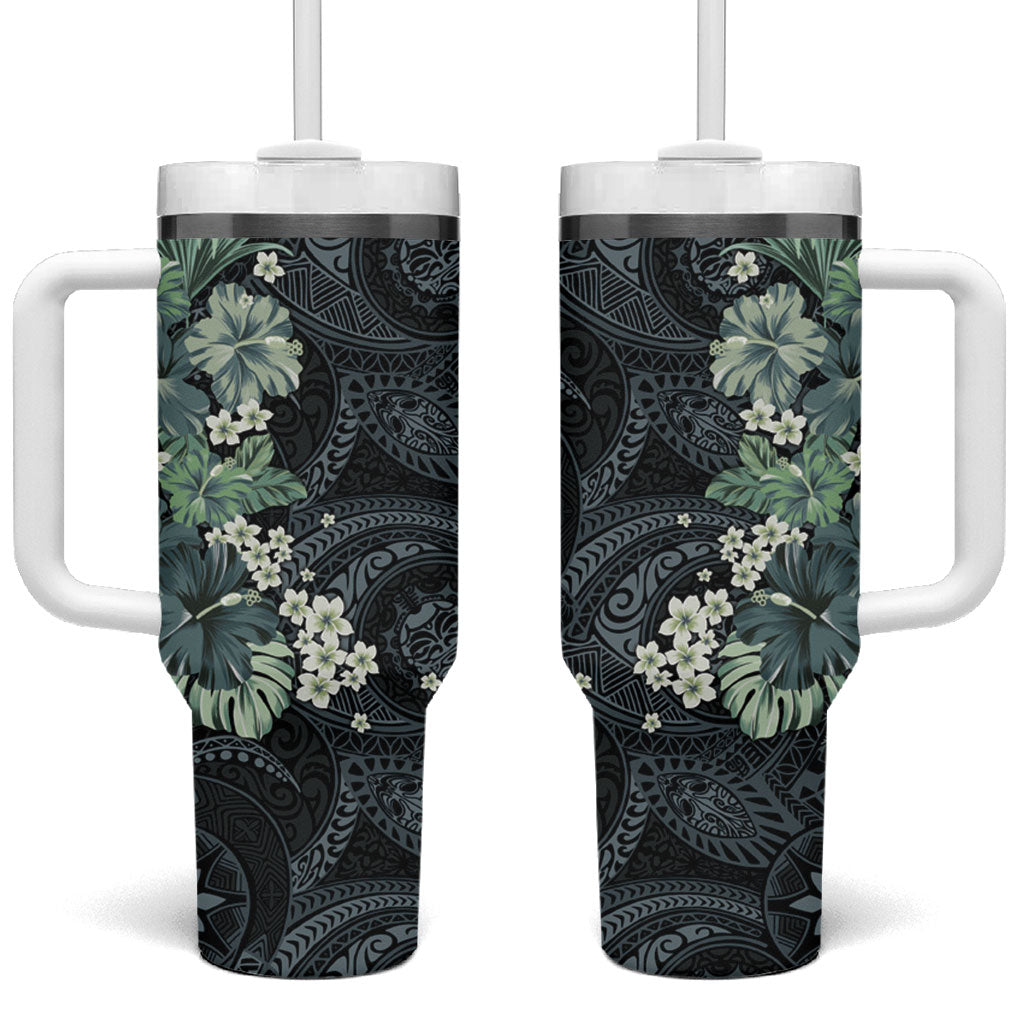 Pauliuli Hawai'i Hibiscus Tumbler With Handle Polynesian Tribal Tattoo Pattern Floral Elements