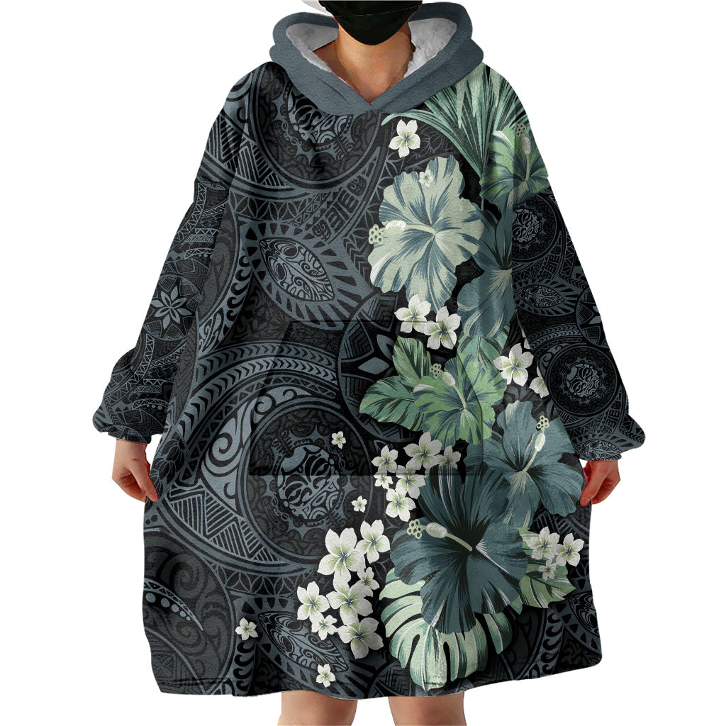 Pauliuli Hawai'i Hibiscus Wearable Blanket Hoodie Polynesian Tribal Tattoo Pattern Floral Elements