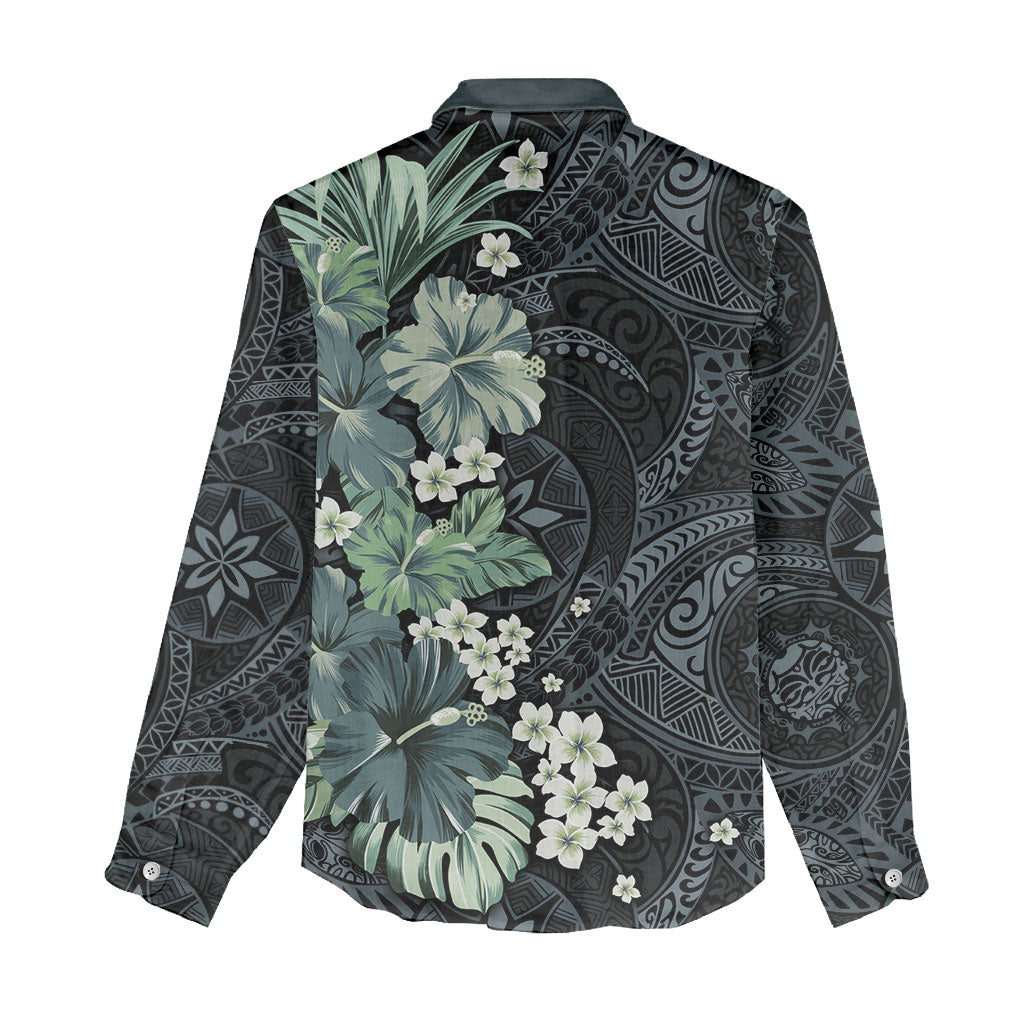 Pauliuli Hawai'i Hibiscus Women Casual Shirt Polynesian Tribal Tattoo Pattern Floral Elements