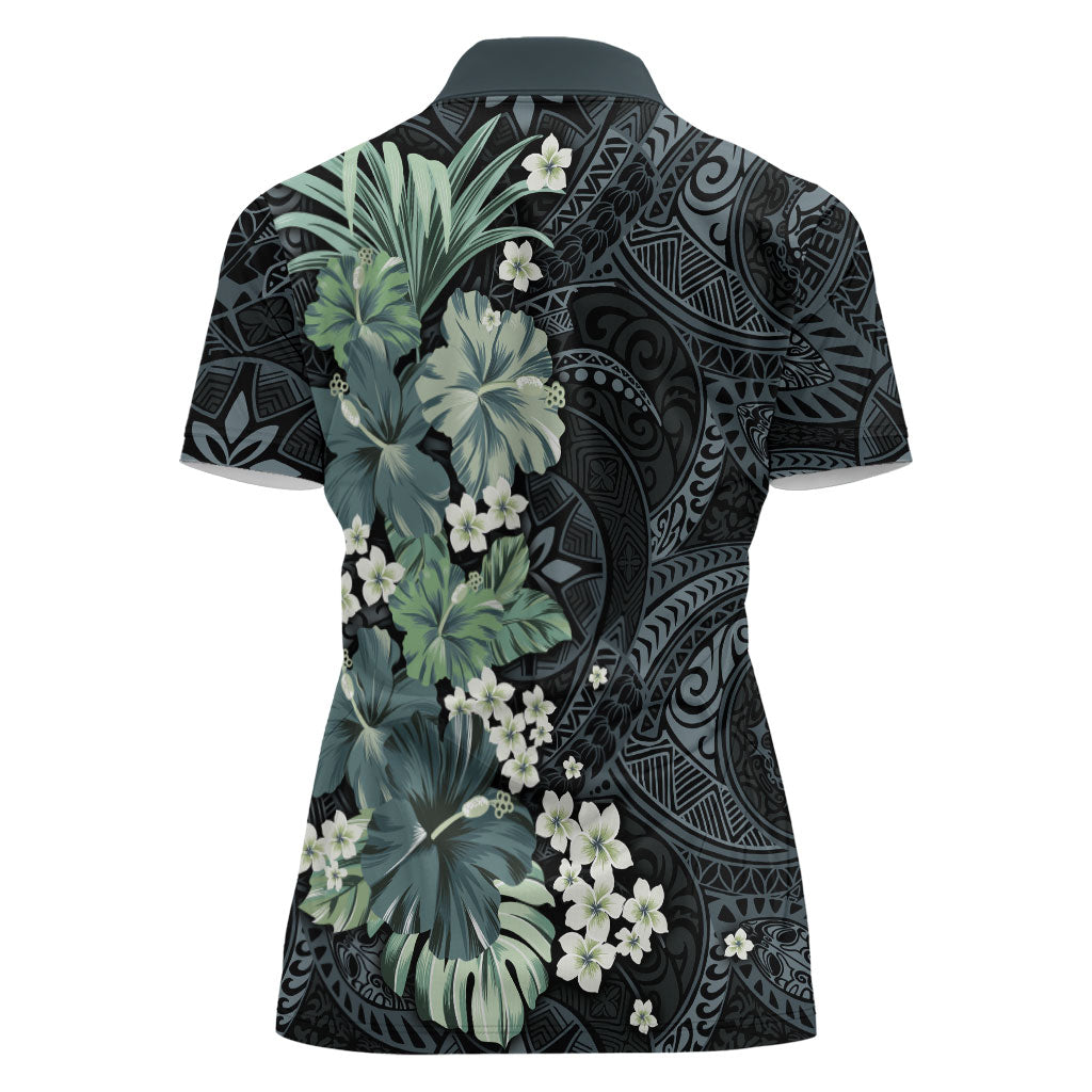 Pauliuli Hawai'i Hibiscus Women Polo Shirt Polynesian Tribal Tattoo Pattern Floral Elements