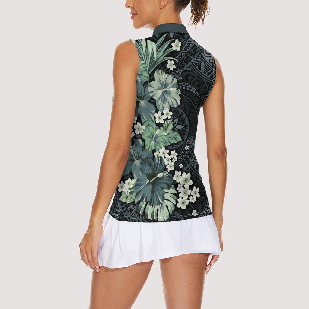 Pauliuli Hawai'i Hibiscus Women Sleeveless Polo Shirt Polynesian Tribal Tattoo Pattern Floral Elements