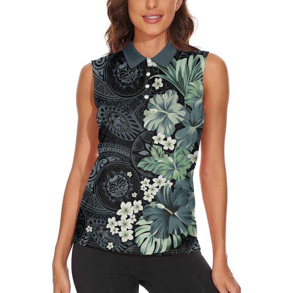 Pauliuli Hawai'i Hibiscus Women Sleeveless Polo Shirt Polynesian Tribal Tattoo Pattern Floral Elements