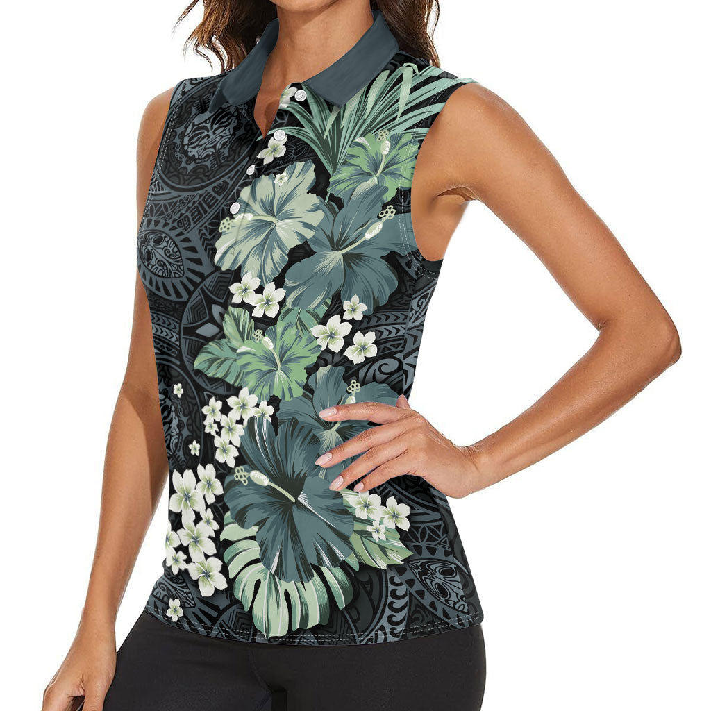 Pauliuli Hawai'i Hibiscus Women Sleeveless Polo Shirt Polynesian Tribal Tattoo Pattern Floral Elements
