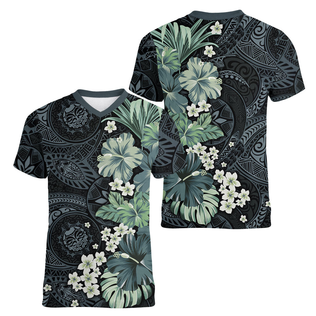 Pauliuli Hawai'i Hibiscus Women V-Neck T-Shirt Polynesian Tribal Tattoo Pattern Floral Elements