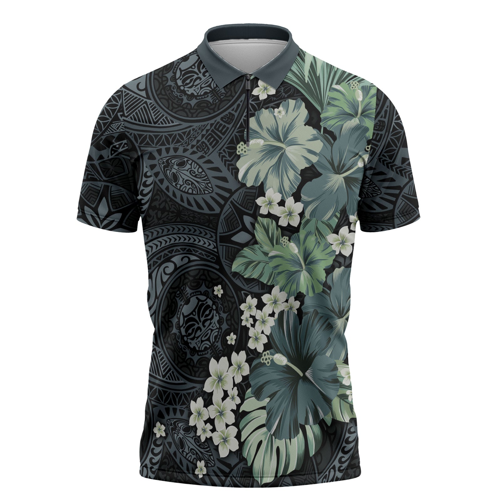 Pauliuli Hawai'i Hibiscus Zipper Polo Shirt Polynesian Tribal Tattoo Pattern Floral Elements