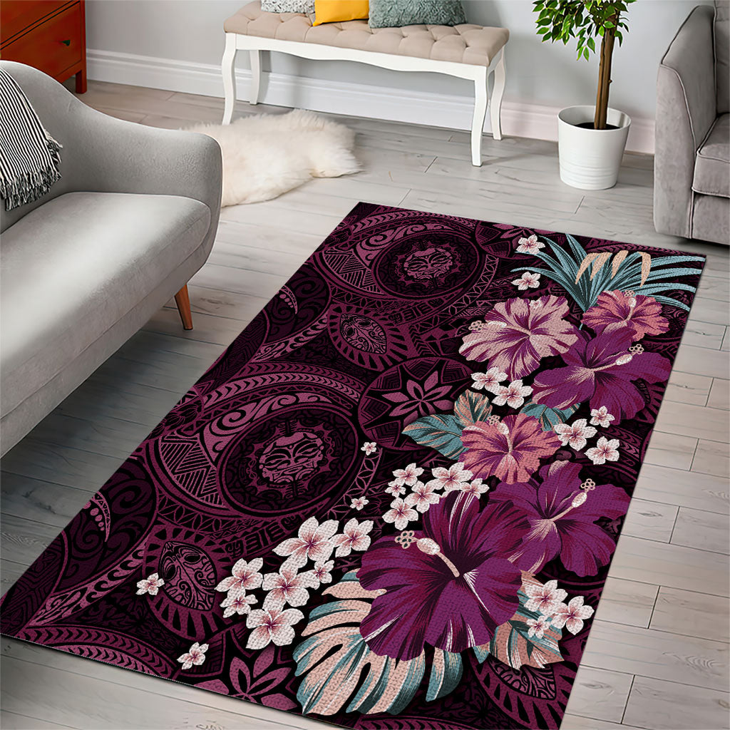 Poni Mama Hawai'i Hibiscus Area Rug Polynesian Tribal Tattoo Pattern Floral Elements