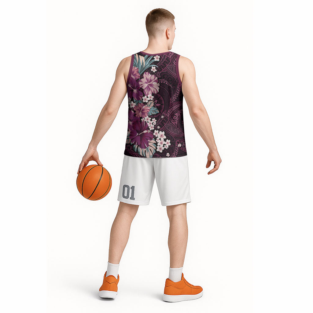 Poni Mama Hawai'i Hibiscus Basketball Jersey Polynesian Tribal Tattoo Pattern Floral Elements