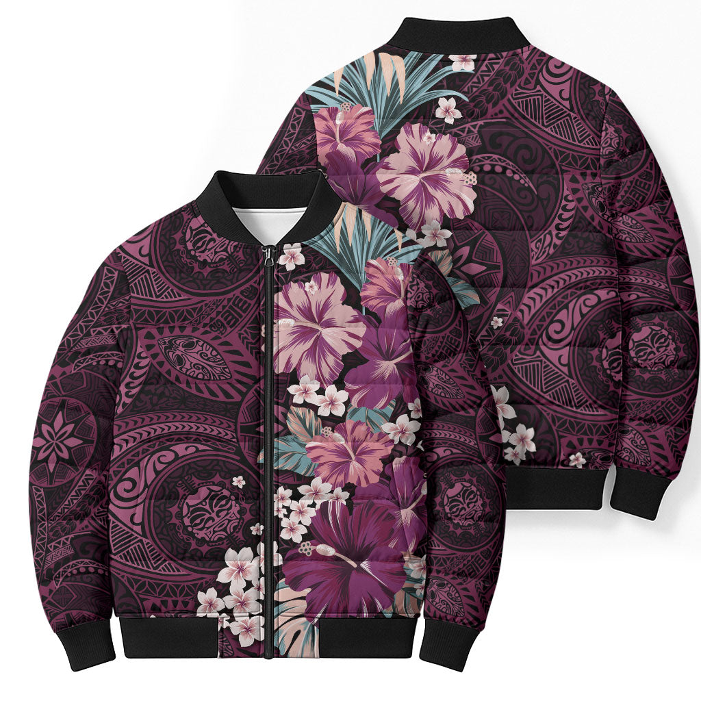 Poni Mama Hawai'i Hibiscus Bomber Puffer Jacket Polynesian Tribal Tattoo Pattern Floral Elements