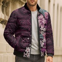 Poni Mama Hawai'i Hibiscus Bomber Puffer Jacket Polynesian Tribal Tattoo Pattern Floral Elements