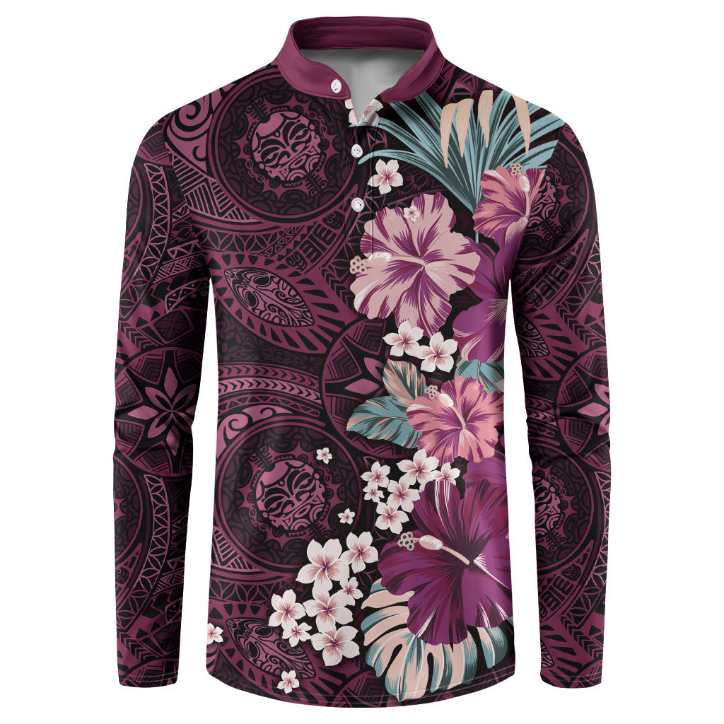 Poni Mama Hawai'i Hibiscus Button Sweatshirt Polynesian Tribal Tattoo Pattern Floral Elements