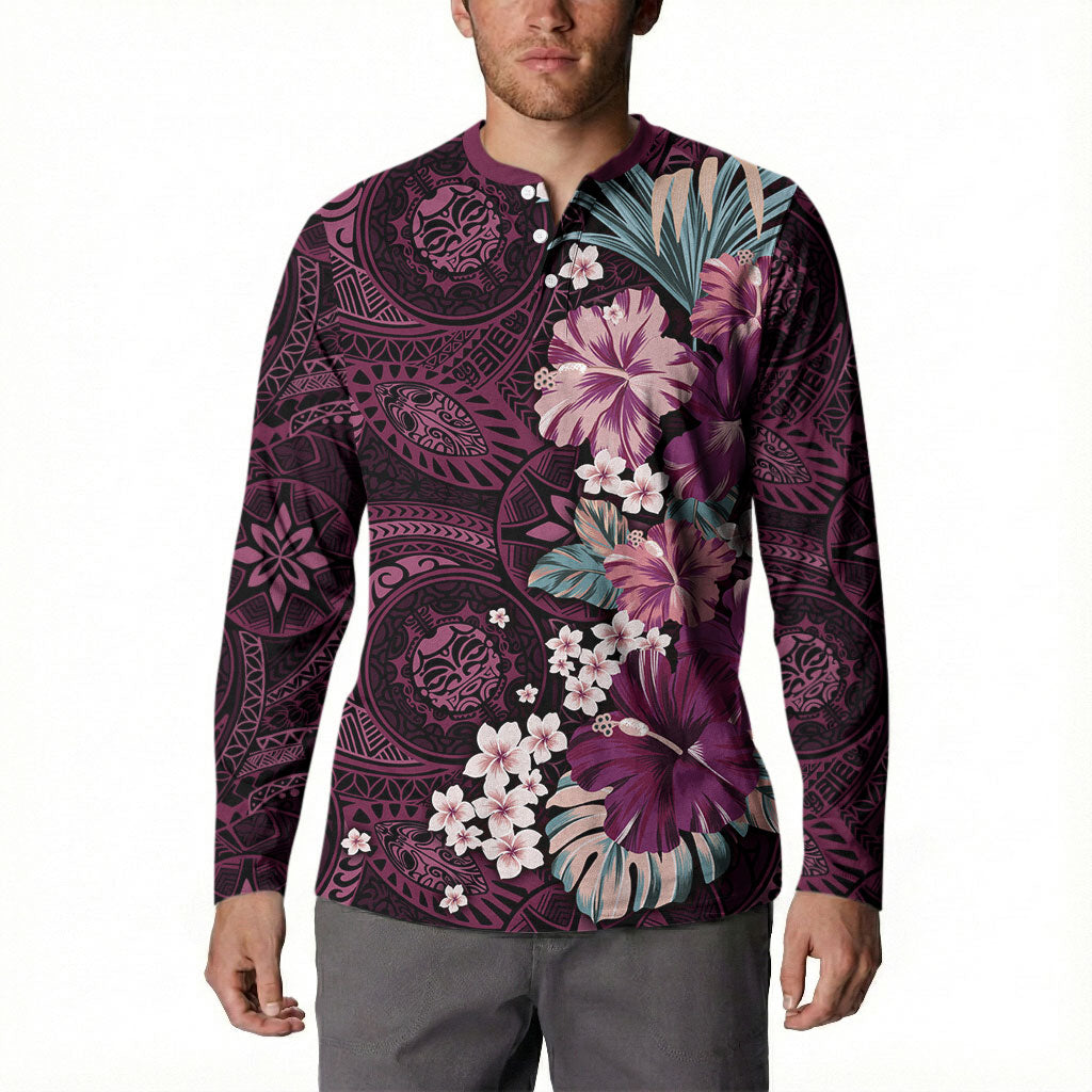 Poni Mama Hawai'i Hibiscus Button Sweatshirt Polynesian Tribal Tattoo Pattern Floral Elements