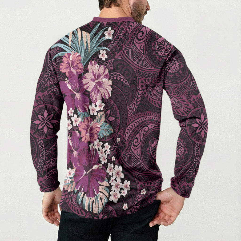 Poni Mama Hawai'i Hibiscus Button Sweatshirt Polynesian Tribal Tattoo Pattern Floral Elements