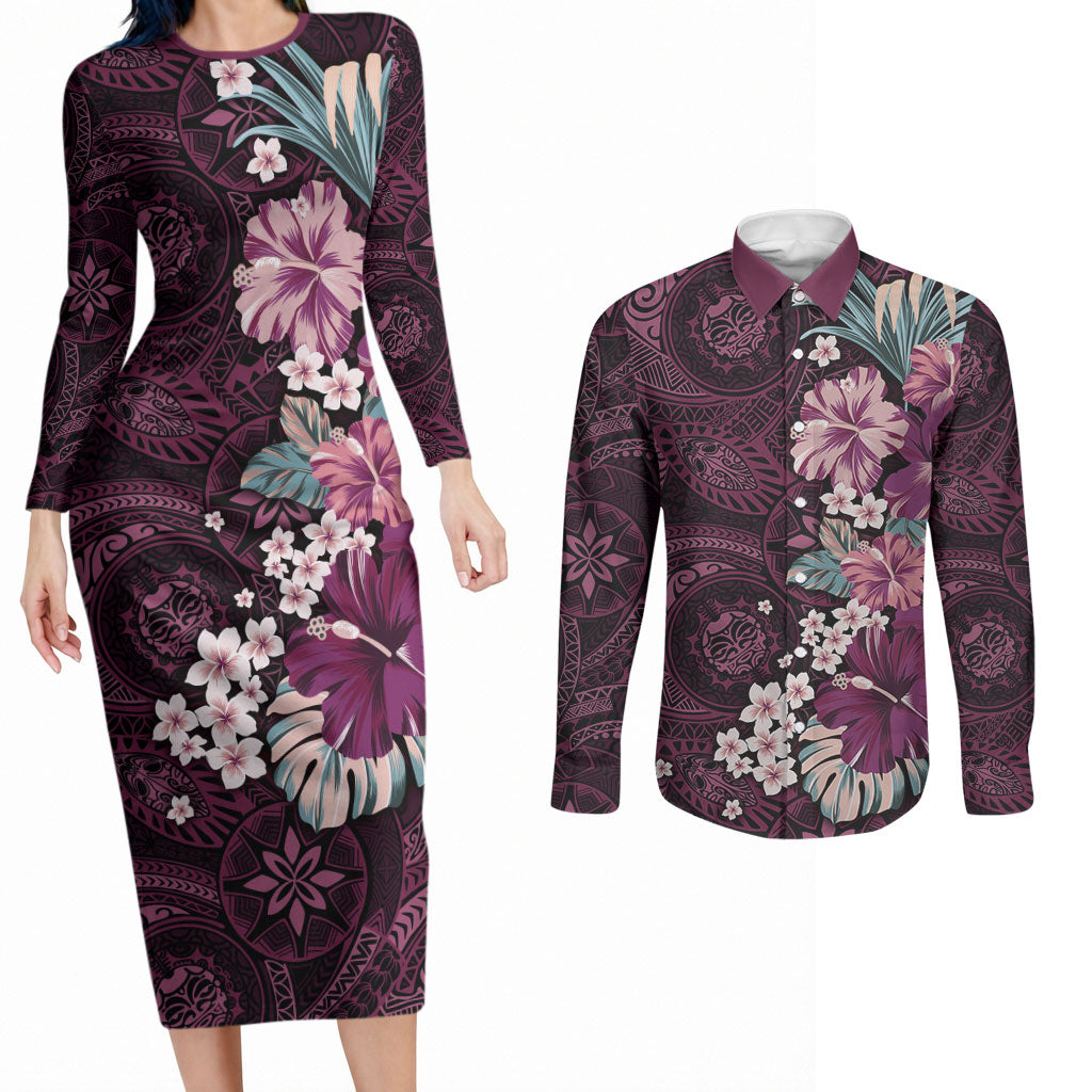 Poni Mama Hawai'i Hibiscus Couples Matching Long Sleeve Bodycon Dress and Long Sleeve Button Shirt Polynesian Tribal Tattoo Pattern Floral Elements