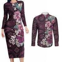 Poni Mama Hawai'i Hibiscus Couples Matching Long Sleeve Bodycon Dress and Long Sleeve Button Shirt Polynesian Tribal Tattoo Pattern Floral Elements