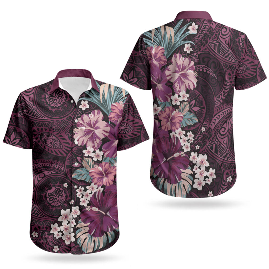 Poni Mama Hawai'i Hibiscus Couples Matching Off Shoulder Maxi Dress and Hawaiian Shirt Polynesian Tribal Tattoo Pattern Floral Elements