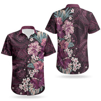 Poni Mama Hawai'i Hibiscus Couples Matching Off Shoulder Maxi Dress and Hawaiian Shirt Polynesian Tribal Tattoo Pattern Floral Elements