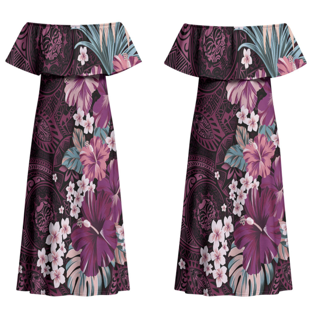 Poni Mama Hawai'i Hibiscus Couples Matching Off Shoulder Maxi Dress and Hawaiian Shirt Polynesian Tribal Tattoo Pattern Floral Elements