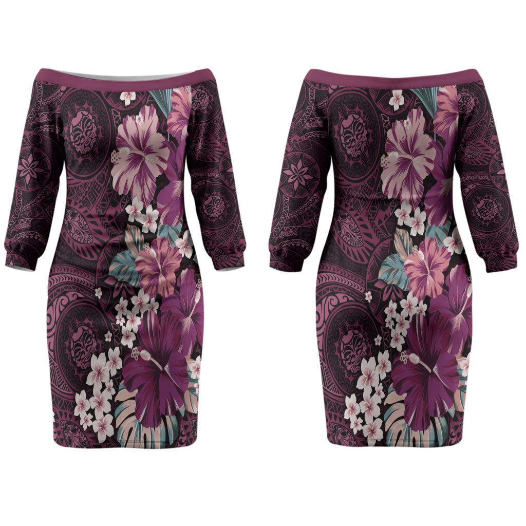 Poni Mama Hawai'i Hibiscus Couples Matching Off The Shoulder Long Sleeve Dress and Long Sleeve Button Shirt Polynesian Tribal Tattoo Pattern Floral Elements