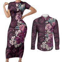 Poni Mama Hawai'i Hibiscus Couples Matching Short Sleeve Bodycon Dress and Long Sleeve Button Shirt Polynesian Tribal Tattoo Pattern Floral Elements