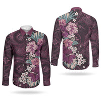 Poni Mama Hawai'i Hibiscus Couples Matching Short Sleeve Bodycon Dress and Long Sleeve Button Shirt Polynesian Tribal Tattoo Pattern Floral Elements