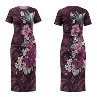 Poni Mama Hawai'i Hibiscus Couples Matching Short Sleeve Bodycon Dress and Long Sleeve Button Shirt Polynesian Tribal Tattoo Pattern Floral Elements
