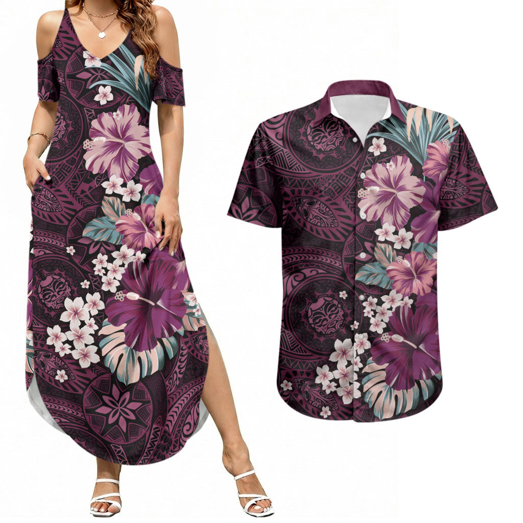 Poni Mama Hawai'i Hibiscus Couples Matching Summer Maxi Dress and Hawaiian Shirt Polynesian Tribal Tattoo Pattern Floral Elements