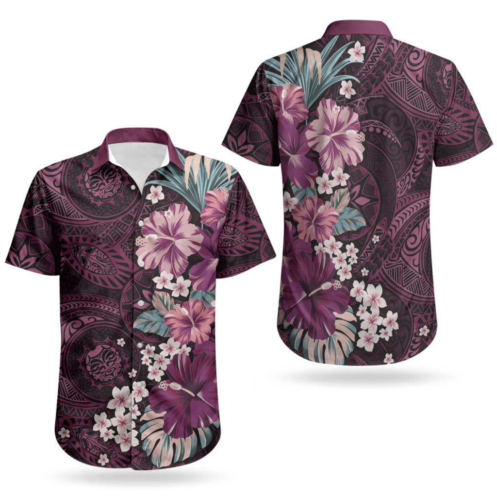 Poni Mama Hawai'i Hibiscus Couples Matching Summer Maxi Dress and Hawaiian Shirt Polynesian Tribal Tattoo Pattern Floral Elements