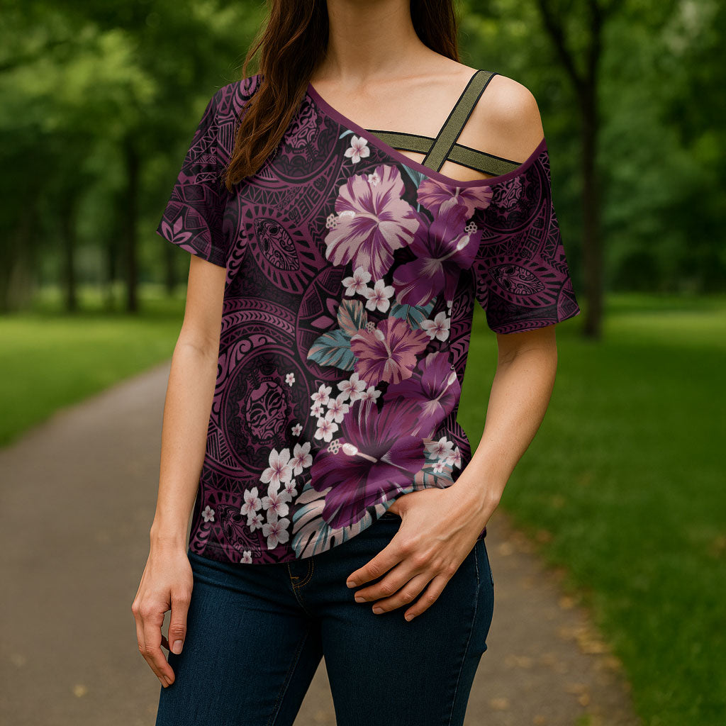 Poni Mama Hawai'i Hibiscus Cross Shoulder Shirt Polynesian Tribal Tattoo Pattern Floral Elements