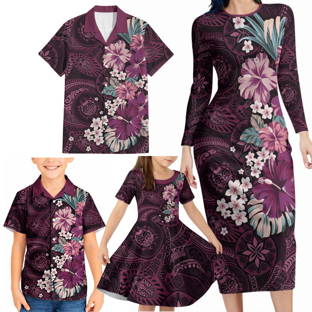 Poni Mama Hawai'i Hibiscus Family Matching Long Sleeve Bodycon Dress and Hawaiian Shirt Polynesian Tribal Tattoo Pattern Floral Elements