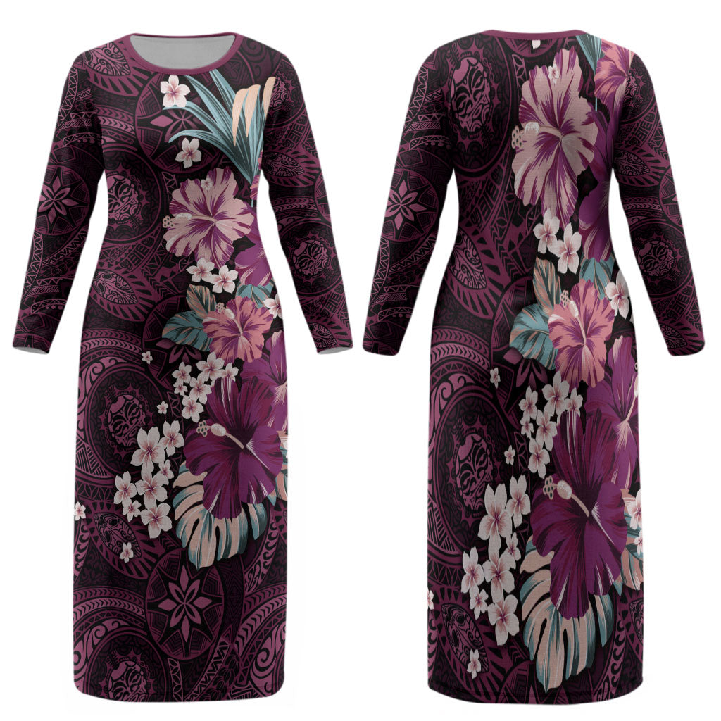 Poni Mama Hawai'i Hibiscus Family Matching Long Sleeve Bodycon Dress and Hawaiian Shirt Polynesian Tribal Tattoo Pattern Floral Elements