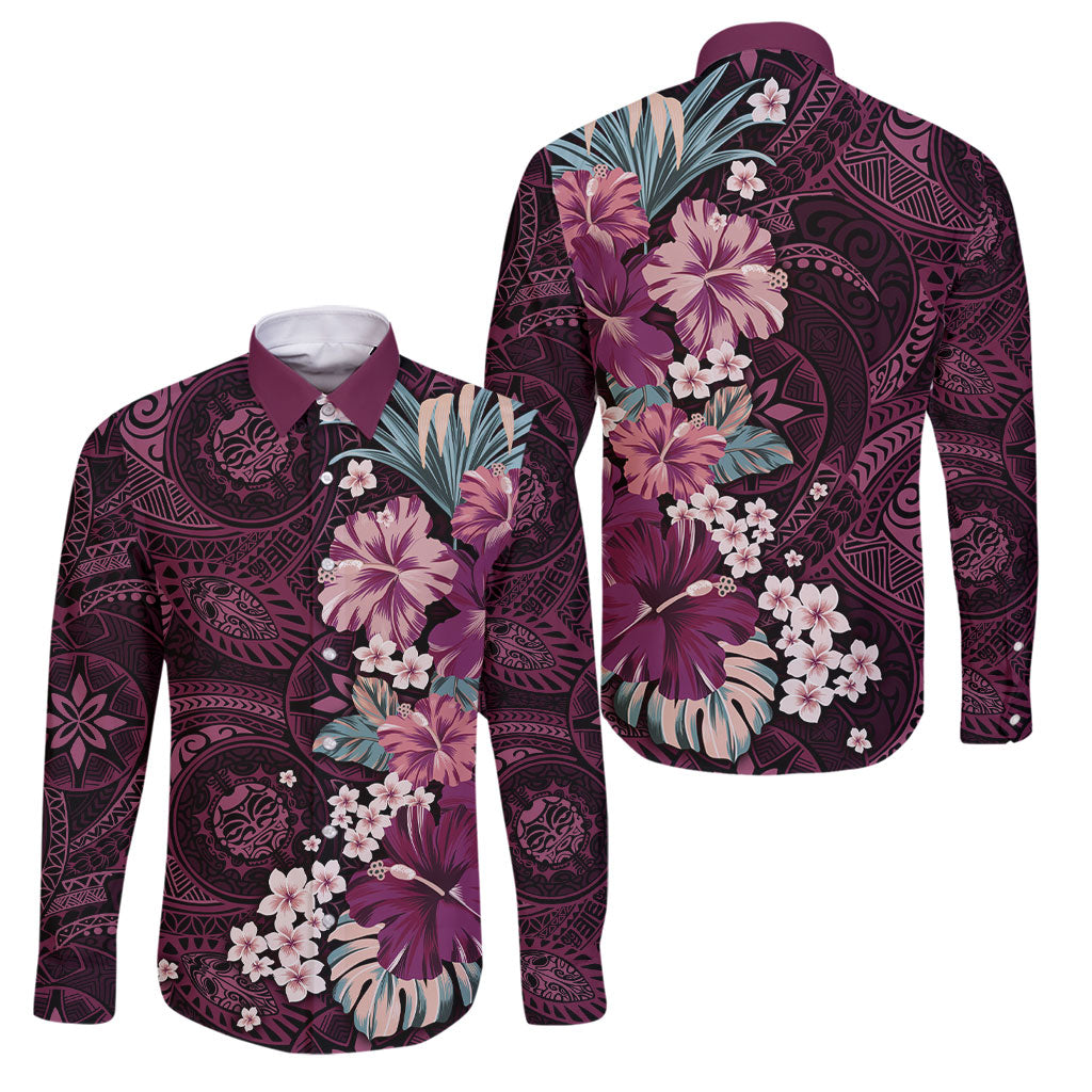 Poni Mama Hawai'i Hibiscus Family Matching Long Sleeve Bodycon Dress and Hawaiian Shirt Polynesian Tribal Tattoo Pattern Floral Elements