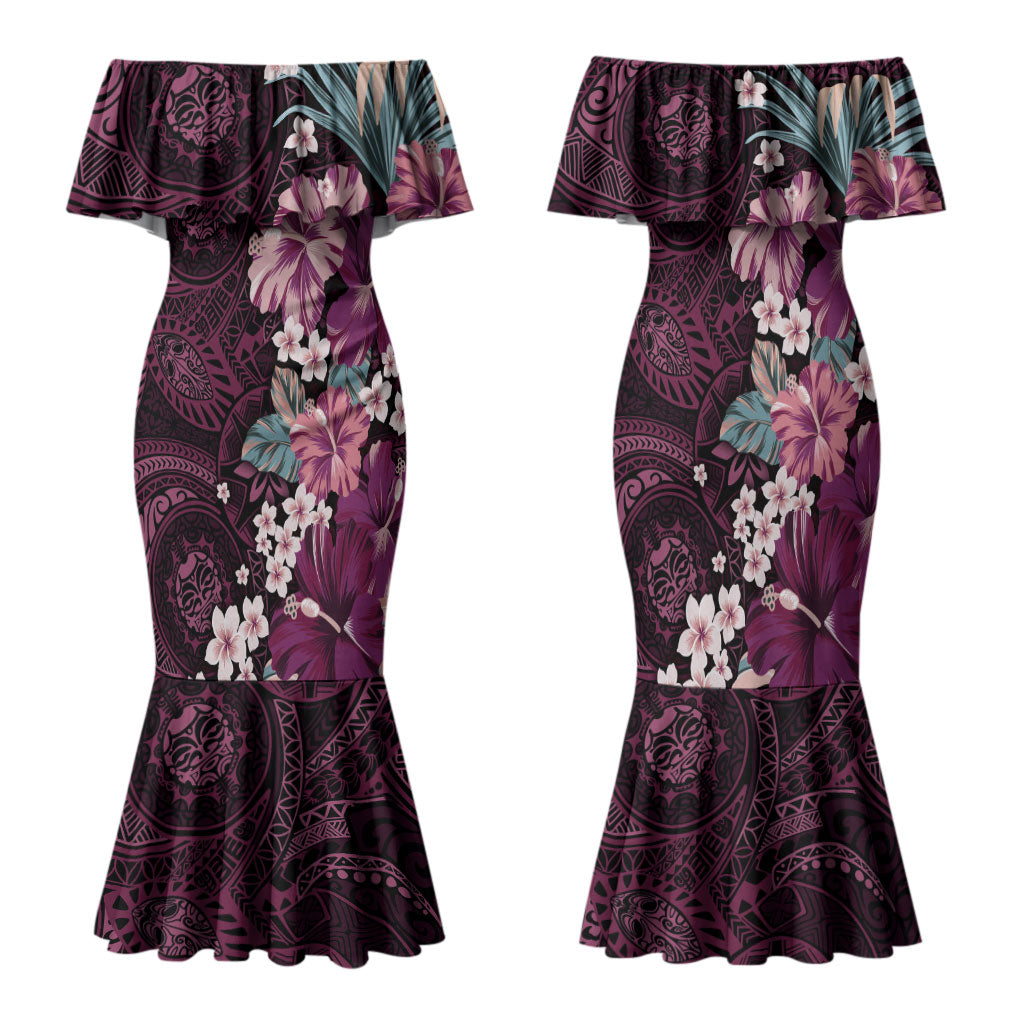 Poni Mama Hawai'i Hibiscus Family Matching Mermaid Dress and Hawaiian Shirt Polynesian Tribal Tattoo Pattern Floral Elements