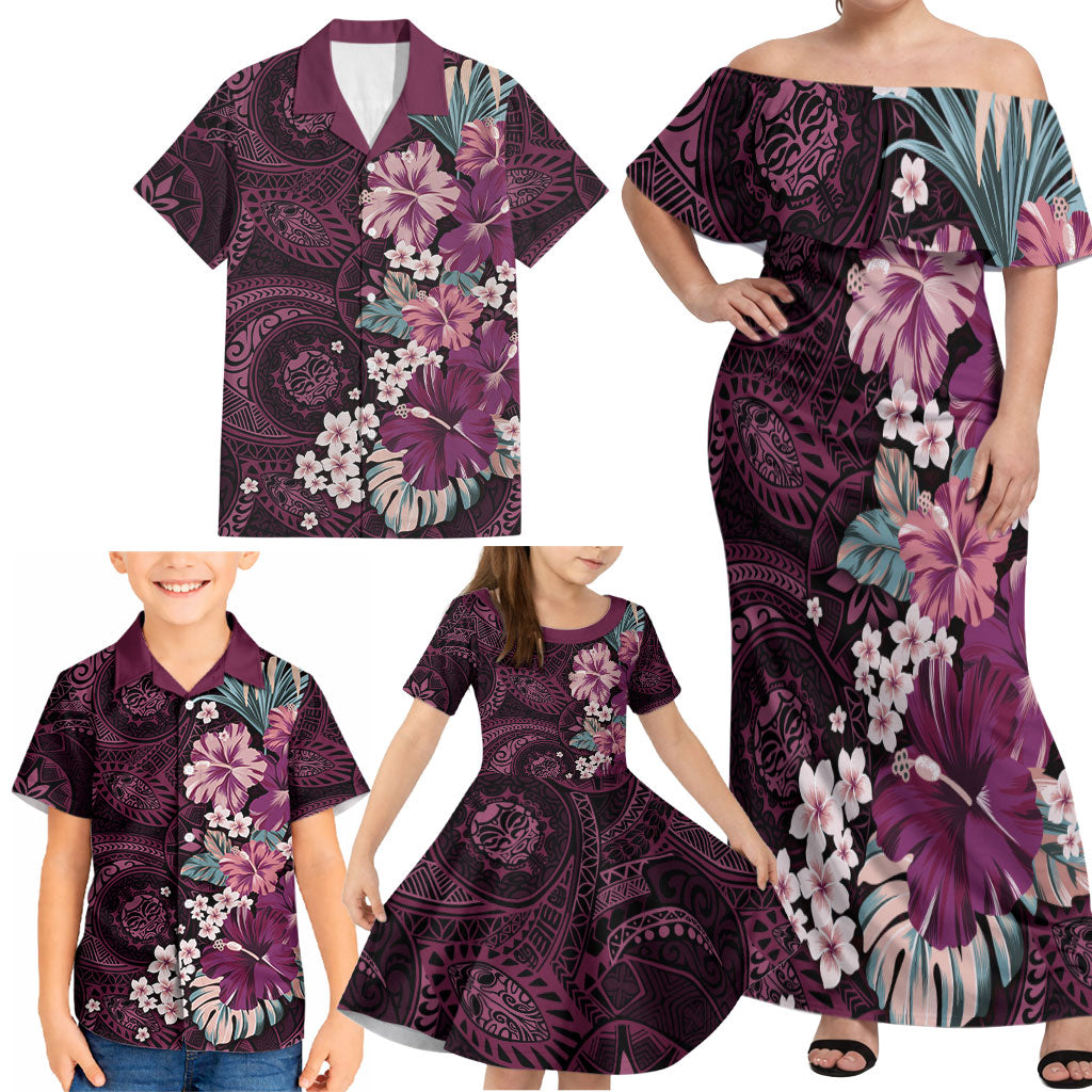 Poni Mama Hawai'i Hibiscus Family Matching Off Shoulder Maxi Dress and Hawaiian Shirt Polynesian Tribal Tattoo Pattern Floral Elements