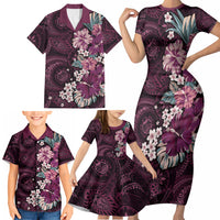 Poni Mama Hawai'i Hibiscus Family Matching Short Sleeve Bodycon Dress and Hawaiian Shirt Polynesian Tribal Tattoo Pattern Floral Elements